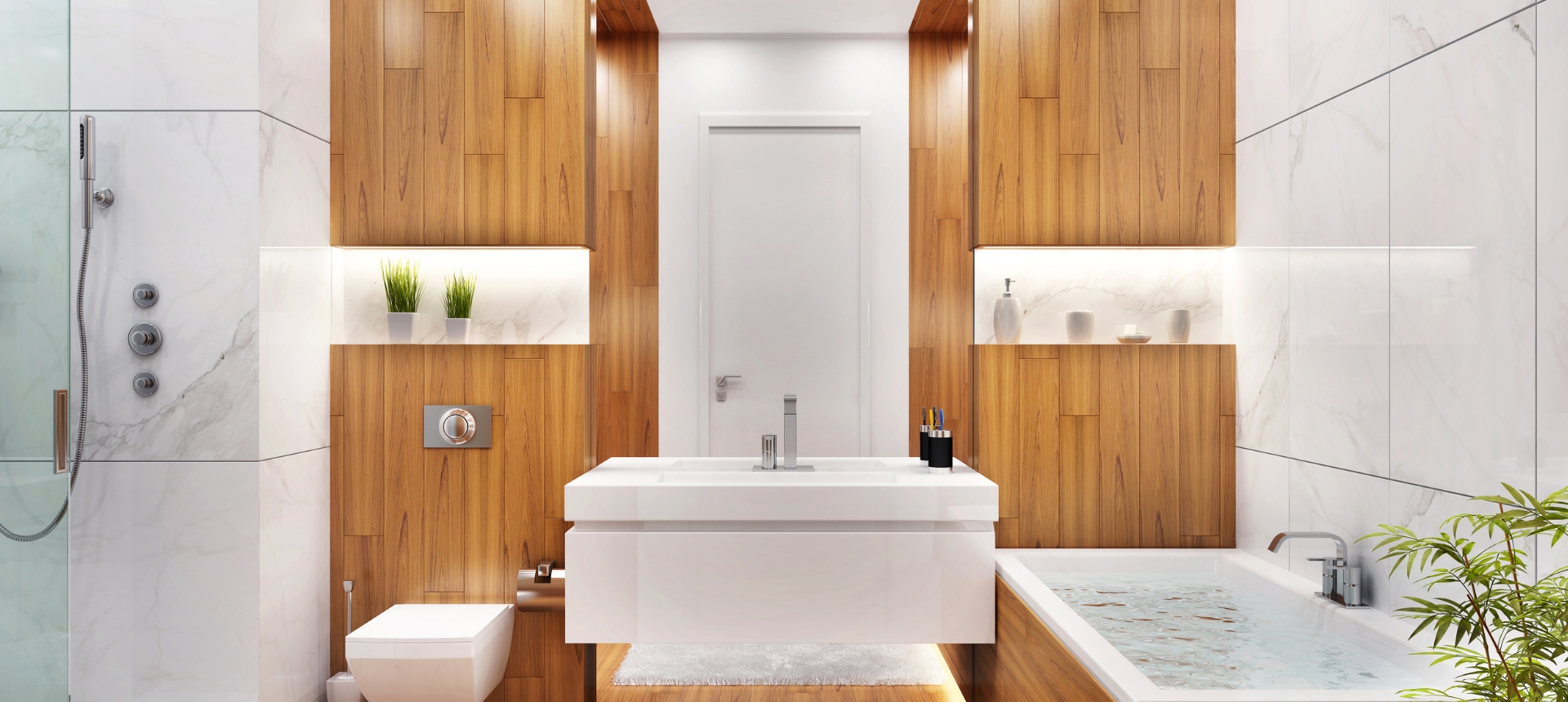 Badsanierung Klagenfurt – modernes Bad mit Holz und Marmor, Wank-Center