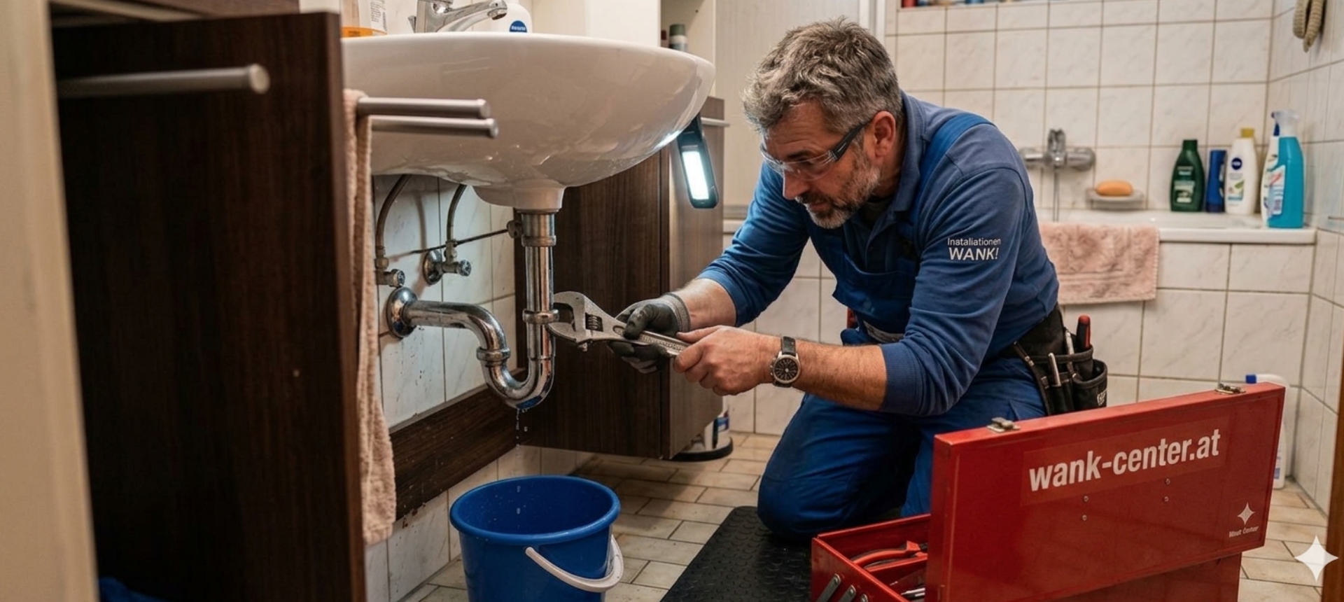 Installateur Klagenfurt – Wank & Söhne Monteur bei Sanitär-Reparatur unter Waschbecken